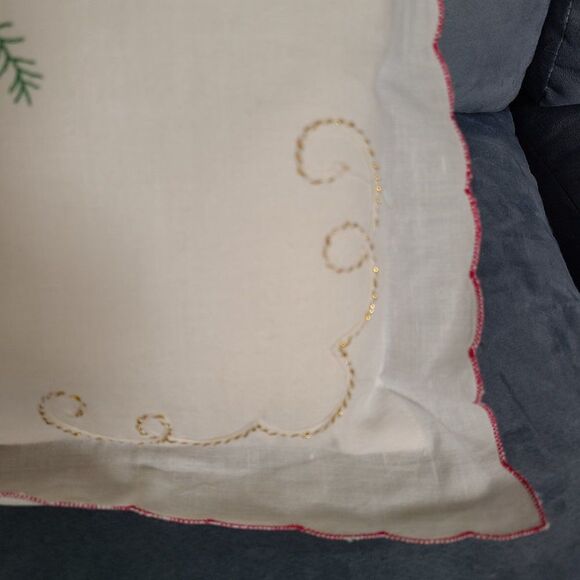Christmas Poinsettia Embroidered Throw Pillow Gold Cord Scalloped Ruffle Vintage - Picture 4 of 16